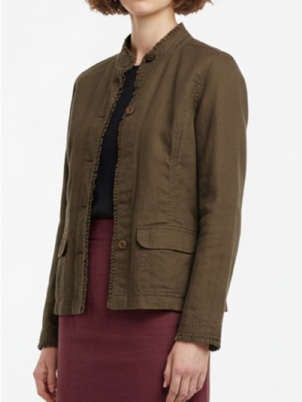 Linen Mandarin Collar Military Inspired Blazer Jacket Peplum Tan Taupe Khaki
